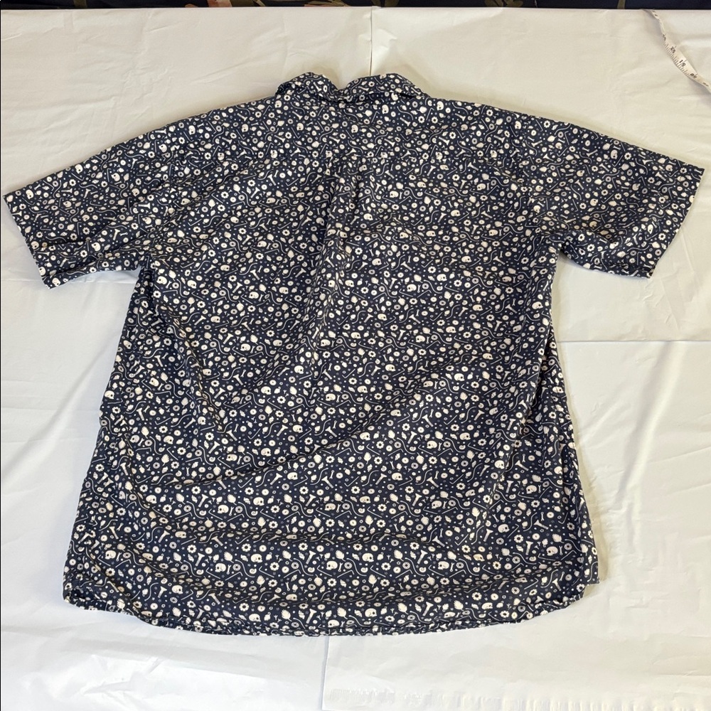 Matix Skull Print Button Up Shirt Large Blue White Short Sleeve Skate Surf - Picture 9 of 9